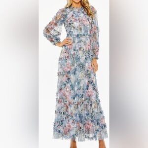 Blue Floral Long Sleeve High Neck Ruffle Detail Gown